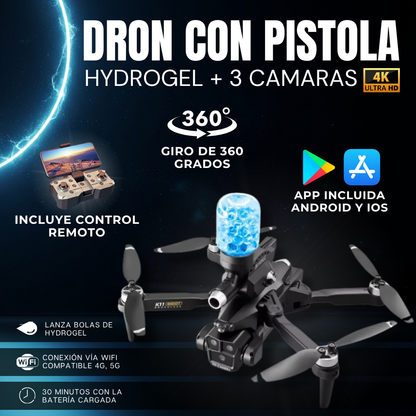 DRON CON PISTOLA HYDROGEL Y 3 CAMARAS 4K