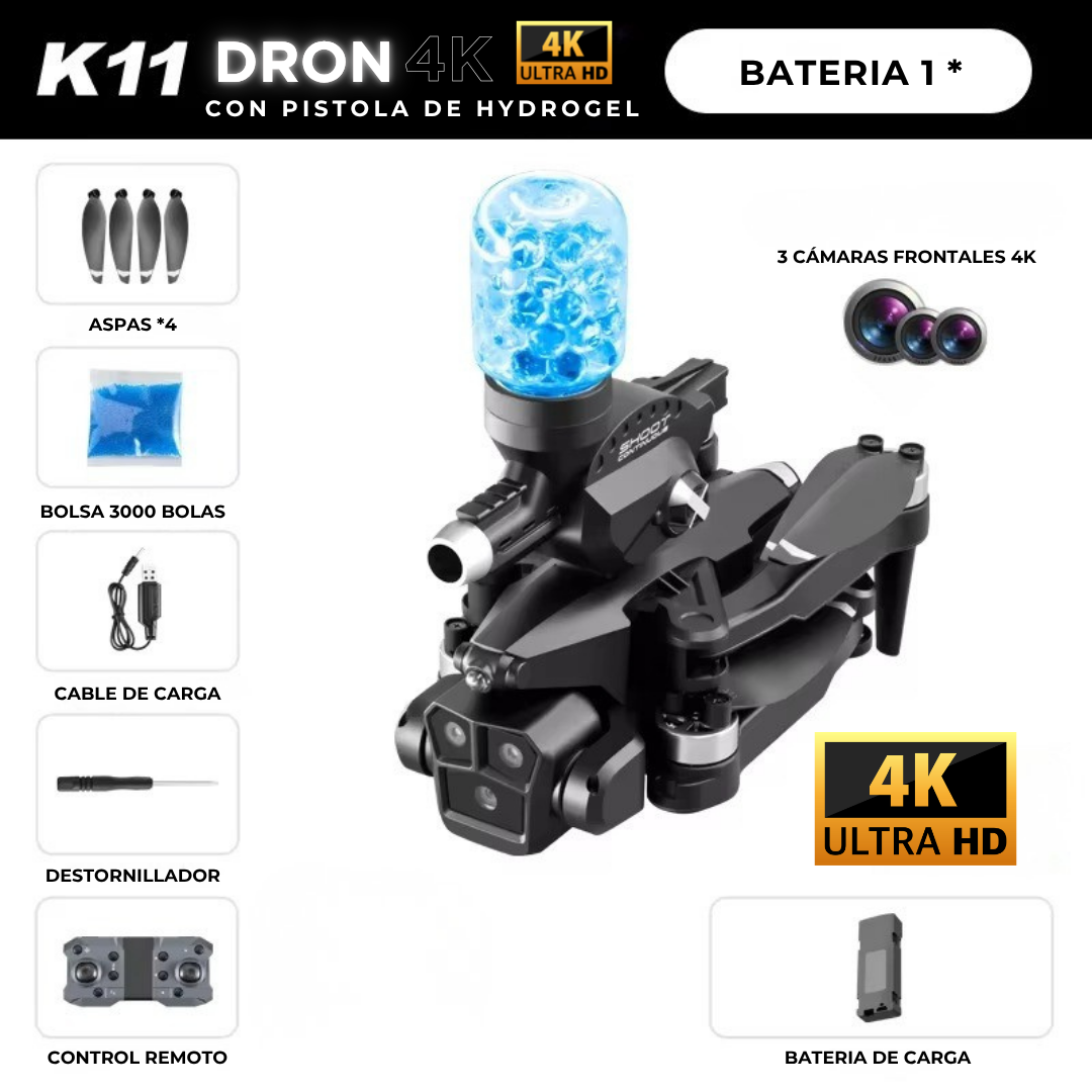 DRON CON PISTOLA HYDROGEL Y 3 CAMARAS 4K